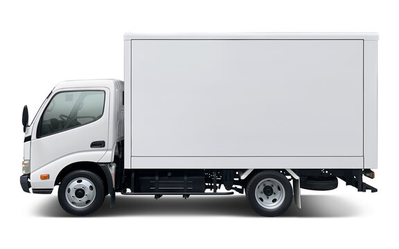 Small and all white modern delivery truck with box body. Side view isolated on white background.