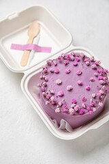 Plastic lunch box with tasty bento cake on light background