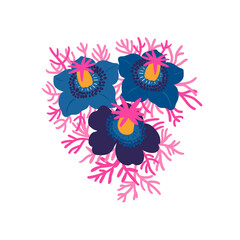 Floral elements. Flower and green leaves. Modern trendy Matisse minimal style.  Floral poster, invite. Vector arrangements for greeting card or invitation design