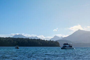 Boat in the lake. Ferry, ferryboat, gondola, taxi, water taxi, banker, coble, dragger, gillnetter,...