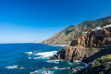 Fototapeta na wymiar Panoramic view Playa del Roque de las Bodegas and blue Atlantic ocean, Anaga national park near Tanagana village, North of Tenerife, Canary islands, Spain
