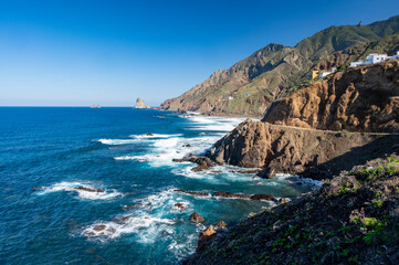 Fototapeta premium Panoramic view Playa del Roque de las Bodegas and blue Atlantic ocean, Anaga national park near Tanagana village, North of Tenerife, Canary islands, Spain