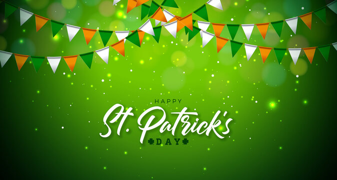 Saint Patrick's Day Illustration with Irish National Color Party Flag and Typography Letter on Shiny Green Background. St. Patricks Day Lucky Celebration Vector Design for Flyer, Greeting Card, Web