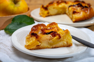 Baked apple cake with almond frangipani custard close up