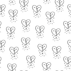 Seamless pattern with sad heart face Lightning logo icon Rain sign Eyes eyelashes emblem Cartoon abstract drawn design Fashion print for clothes greeting invitation card textile banner cover poster ad