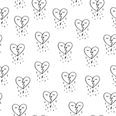 Seamless pattern with sad heart face Lightning logo icon Rain sign Eyes eyelashes emblem Cartoon abstract drawn design Fashion print for clothes greeting invitation card textile banner cover poster ad