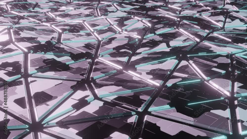 Poster abstract tech geometric structure with panels in pink and blue lights. seamless looping futuristic b