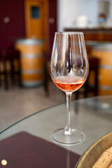 Wine industry of Cyprus island, tasting of rose dry wine on winery located on south slopes of Troodos mountain range.