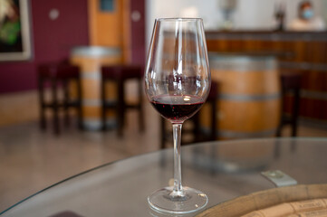 Wine industry of Cyprus island, tasting of red dry wine on winery located on south slopes of Troodos mountain range.