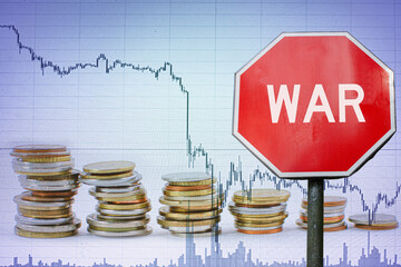 War sign on economy background - graph and coins. Economic crisis because of armed conflict.
