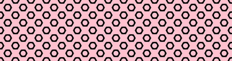 Seamless pattern. Image of a walnut on a pink background. black hexagon. Banner for insertion into site. 3d rendering. 3d image.