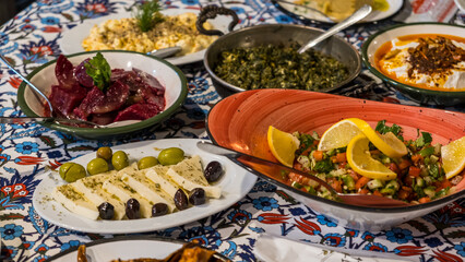 Traditional Turkish food on the table with appetizer and mezes