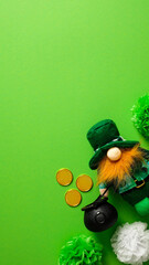 Happy St Patricks Day vertical banner design. Leprechaun with pot of gold on green background. Flat...