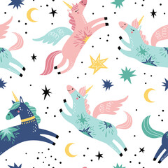 Childish seamless pattern with unicorns. Creative nursery background. Perfect for kids design, fabric, wrapping, wallpaper, textile, apparel © Angelina De Sol