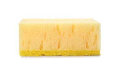 Yellow cleaning sponge with abrasive scourer isolated on white
