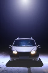 Foto op Canvas Een lichtstraal afkomstig van een ufo over een eenzame auto geparkeerd aan de kant van de weg. Een man zit in een auto en kijkt omhoog naar een UFO. Donkere winternacht. Verticaal © Ramil Gibadullin
