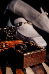 Wedding rings on the table. Wedding details for the ceremony. Wedding accessories. Close-up.