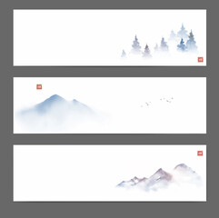 Three banners with mountains and fir trees in fog. Traditional Japanese ink wash painting sumi-e. Translation of hieroglyph - zen