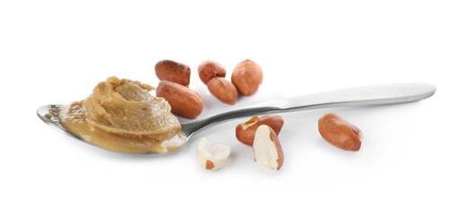 Spoon with tasty peanut butter isolated on white