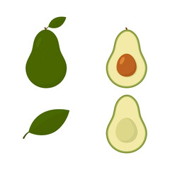 Set of half and whole of green avocado. Cute fresh avocado collection. Vector isolated on white.