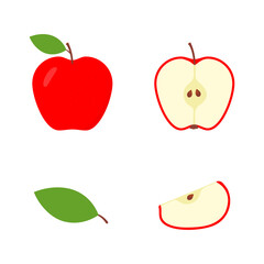 Set of half, slice and whole red apple. Cute fresh sliced apple group. Vector isolated on white.