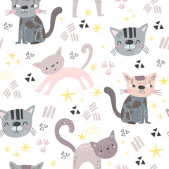 Seamless pattern with cats. Vector cat in scandinavian style.