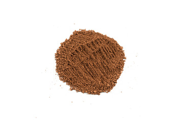 Makeup cosmetics. Eyeshadow in brown color crushed palette, colorful eye shadow powder on white background