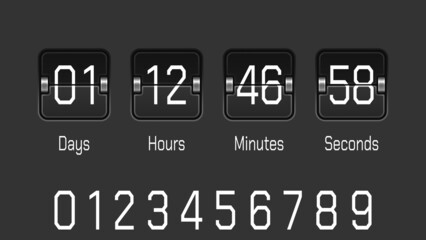 Flip scoreboard countdown counter timer. Countdown board of remaining time with day, hour, minute and second scoreboards. Vector illustration.