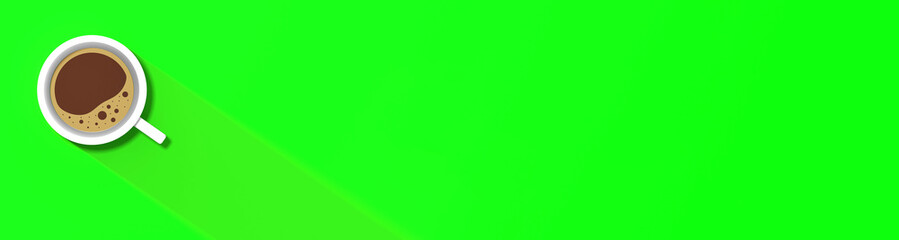 a white cup of coffee on Neon Green background. long shadow from cup. invigorating drink. horizontal image. Banner for insertion into site. 3D image. 3D rendering.