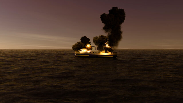 Grimaldi lines, Euroferry Olimpia ferry, fire on the ferry on the route from Greece to Italy. Boat in the middle of the sea. 3d rendering

