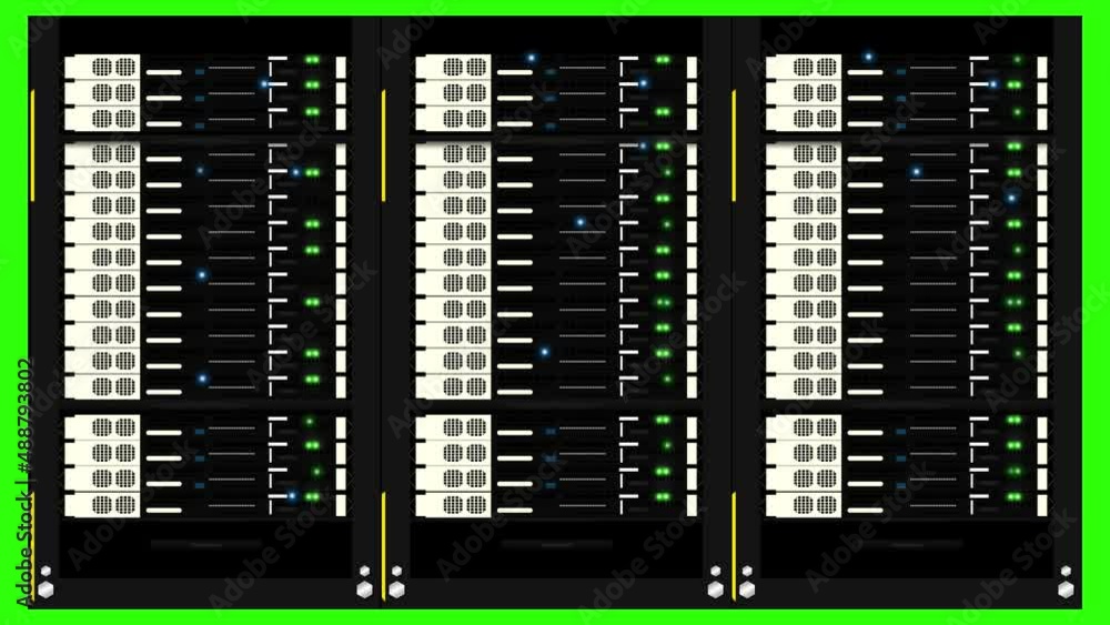 Poster networking servers with blinking lights placed on a green screen 4k animation. new meta technology c