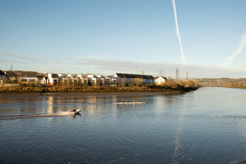 Blaydon on Tyne UK: 30th Jan 2022: Rowers on the River Tyne on a early sunday morning. Rowing water sport exercise