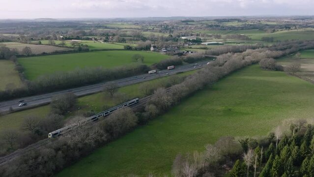 Train Railway M40 Motorway UK Travel Aerial Landscape Warwickshire Winter