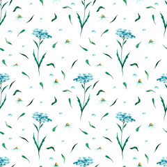 Watercolor hand-painted floral seamless pattern with wild flowers