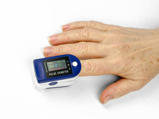 Measurement of saturation in a 60-year-old woman. Health care for the elderly. Pulse oximeter on the finger of an elderly woman