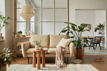 Modern living room interior composition with beige sofa, wooden coffee table and modern home accessories. Template. Copy space. Dining room in the background.