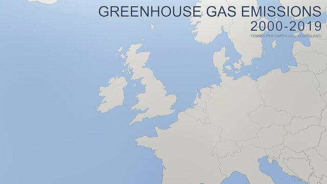 Greenhouse gas emissions in Denmark from 2000 to 2019. Values in tonnes per capita (CO2 equivalent). Source data: Eurostat. 3D rendering loop able video with 4K resolution.
