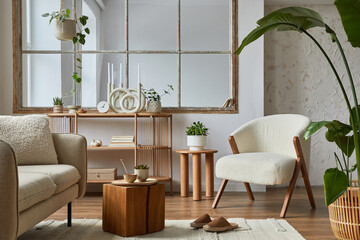 Stylish compositon of modern living room interior with frotte armchair, sofa, plants, wooden...