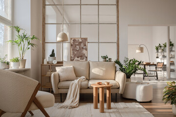 Fototapeta na wymiar Modern living room interior composition with beige sofa, wooden coffee table and modern home accessories. Template. Copy space. Dining room in the background.