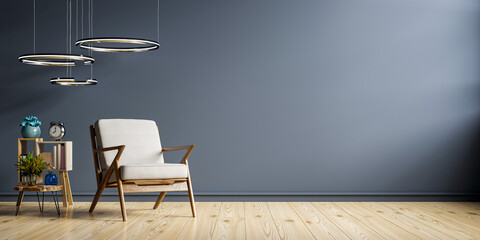 Dark blue living room interior with cozy luxury armchair on empty wall.