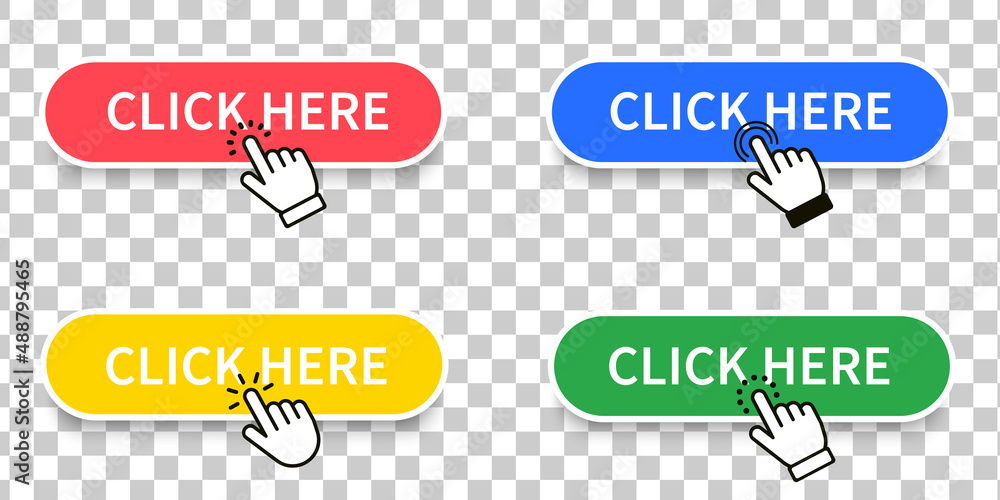 Leinwandbilder Click Here Button with hand cursor. Set for button website design. button set. Computer mouse click cursor or Hand pointer symbol