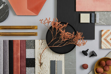 Creative flat lay composition with textile and paint samples, panels and tiles. Stylish interior designer moodboard. Pink, black and light grey color palette. Copy space. Template. - obrazy, fototapety, plakaty