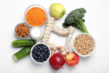 Intestine model and products to help digestion on white background, top view