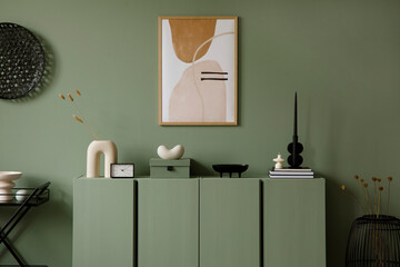 Stylish composition of modern living room interior. Mock up poster frame, wooden eucalyptus commode and creative personal accessories. Eucalyptus wall. Home staging. Template. Copy space.