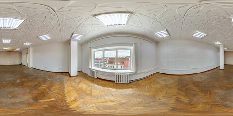 empty room with repair and brick walls with city view in full seamless spherical hdri 360 panorama...