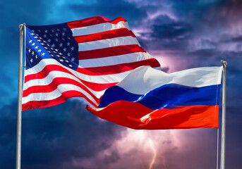 Obraz premium Usa Flag on Ussr Russia Flag with storm sky in background