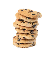 Stack of delicious chocolate chip cookies on white background