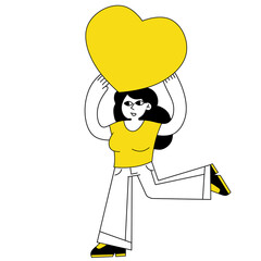 Woman run with big heart. Young female character. Romance and love.