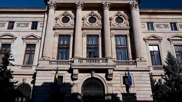View of the facade of the National Bank of Romania in the historic center of Bucharest, Romania