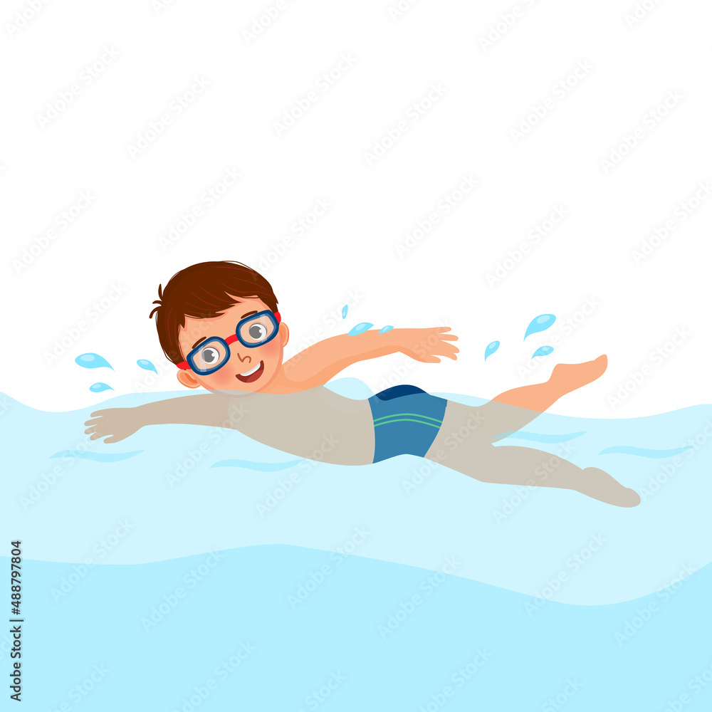 Poster cute little boy wear googles enjoying swimming in a pool